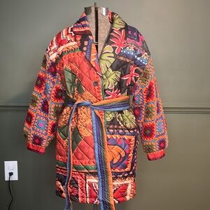Farm Rio Patchwork Tapestry Crochet Puffer coat